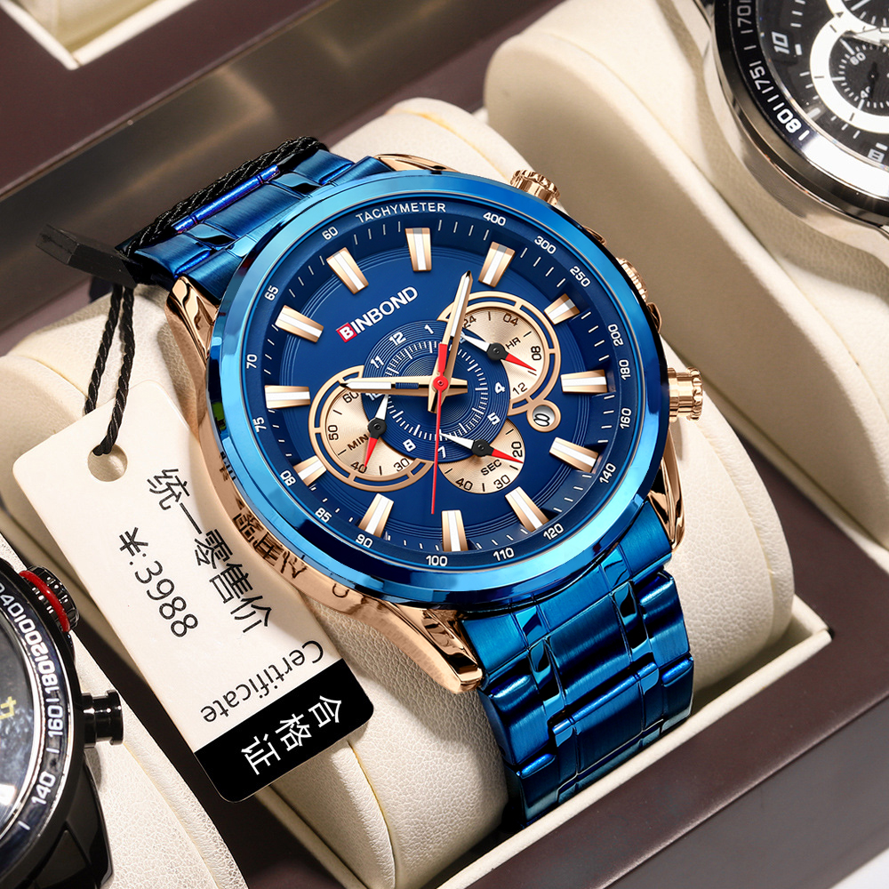 Luxury Man Watch High Quality Waterproof Luminous Men's Wristwatch Stainless Steel Men Quartz Watches Casual Clock-Blue